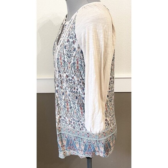 Vintage America Boho Peasant Top Sz M Tan 3/4 Sleeve Embroidered Floral - Picture 6 of 7